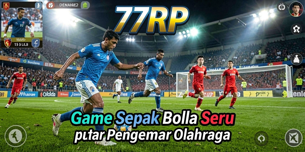 Screenshot utama 77RP menampilkan aksi seru pemain di lapangan sepak bola.