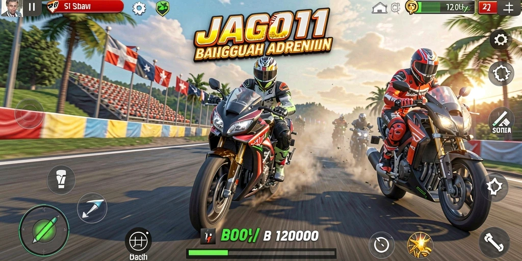 Screenshot gameplay JAGO11 menampilkan balapan motor yang mendebarkan di trek penuh tantangan.