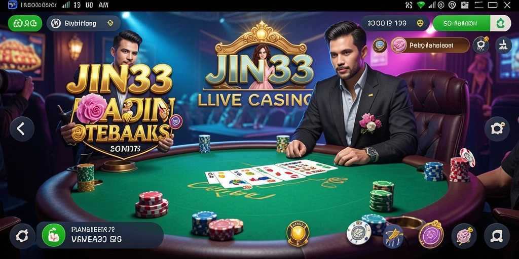 Screenshot JIN33 menunjukkan dealer langsung dan permainan kasino yang seru.
