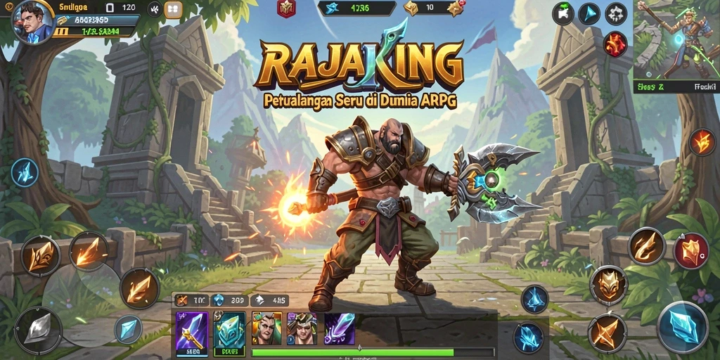 Screenshot utama RAJAKING menampilkan pertempuran seru di dunia fantasi.